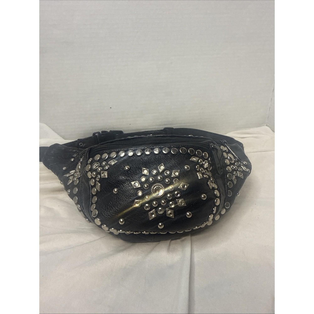 Vintage Black Leather 90s Fanny Pack Studded Rhinestone Starburst Belt Bag YKK